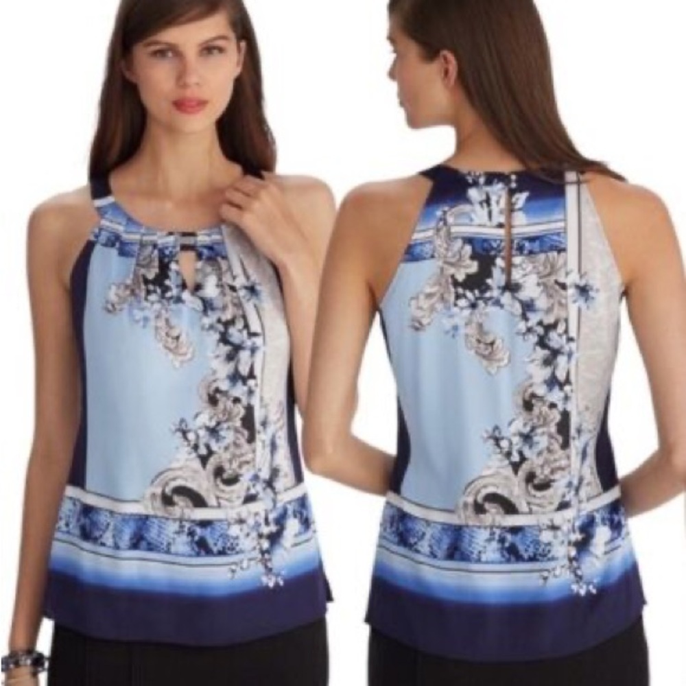 WHBM Outfit Elegant Blue and White Top with Navy Luxe Stretch Skinny Pants